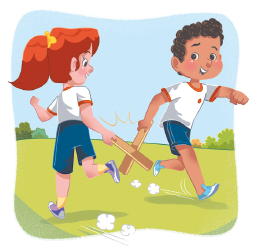 Imagem: Ilustração. A menina e o menino uniformizado cruzam o bastão em uma corrida.  Fim da imagem.
