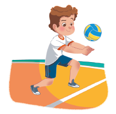 Imagem: Ilustração. Um menino com cabelos lisos uniformizados, com joelhos flexionados, os braços estendidos para frente com as mãos unidas. Acima, uma bola.   Fim da imagem.
