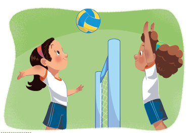 Imagem: Ilustração. À esquerda, uma menina uniformizada com a mão esquerda estendida na direção de uma bola sobre a rede. À direita, outra menina uniformizada com os dois braços estendidos para cima na direção da bola.  Fim da imagem.