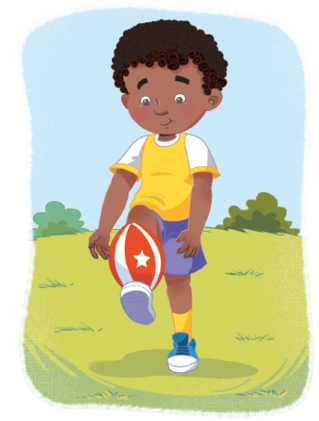 Imagem: Ilustração. Um menino com cabelos cacheados e uniformizados, segurando uma bola oval com a perna esquerda levantada. Fim da imagem.