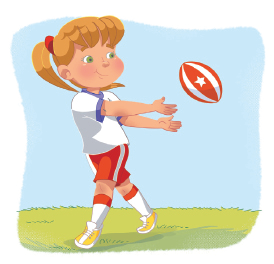 Imagem: Ilustração. Uma menina com cabelos loiros, uniformizada, com o corpo inclinado e os braços estendidos, ao lado, a bola oval.  Fim da imagem.