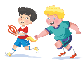 Imagem: Ilustração. Um menino de cabelos pretos, uniformizado com um lenço amarelo no bolso segurando a bola oval e correndo. Ao lado, um menino loiro correndo com o braço esquerdo estendido na direção do lenço.  Fim da imagem.