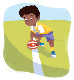 Imagem: Ilustração. O menino com cabelos cacheados, agachado, segurando a bola oval sobre uma linha branca.  Fim da imagem.
