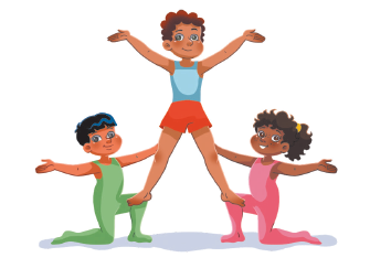 Imagem: Ilustração. Um menino com macacão verde com o joelho esquerdo no chão e o pé direito apoiado no chão como joelho flexionado. Ao lado, uma menina usando macacão rosa, com o pé esquerdo apoiado ao chão com o joelho flexionado e o joelho direito apoiado ao chão. Acima, uma menina com camisa e short. Ela está com o pé esquerdo apoiada na perna do menino e a perna direita apoiada na menina com o braço estendido para cima.  Fim da imagem.