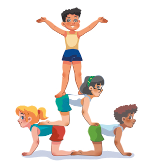 Imagem: Ilustração. Uma menina com cabelos loiros, blusa regata azul e short, ela está de perfil com as mãos e os joelhos no chão. Ao lado, um menino com cabelos crespos, usando uma regata branca e short verde. Ele está de perfil com os joelhos e as mãos no chão com os pés encostados aos pés da menina loira. Sobre eles, uma menina com cabelos cinza, usando óculos, regata branca e short azul com as pernas flexionadas sobre as costas da menina loira e as mãos apoiadas sobre o quadril do menino com cabelos crespos. Acima. Um menino com cabelos ondulados, usando regata bege e short. Ele está com os pés apoiados nas costas e o quadril da menina de óculos, com as mãos estendidas para cima.  Fim da imagem.