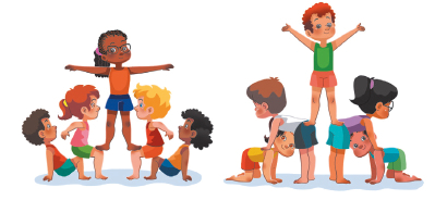 Imagem: Ilustração. 1. Um menino com blusa vermelha com as mãos e os pés apoiados no chão com os joelhos flexionados, ao lado, uma menina de blusa rosa, sentada nos joelhos do menino de blusa vermelha ao lado, um menino de short laranja sentado nos joelhos do menino de short azul, que está na mesma posição do menino de blusa vermelha. Acima, uma menina com blusa laranja com os pés apoiados sobre as pernas da menina de blusa rosa e o menino de short laranja, com os braços estendidos para o lado. 2. Uma menina de blusa amarela com as mãos e os joelhos no chão, ao lado, um menino com blusa branca com as mãos apoiadas no ombro da menina de camisa amarela. Ao lado, uma menina com blusa roxa com as mãos sobre os ombros de um menino com blusa azul. Acima, um menino com blusa verde, com os pés apoiados no quadril do menino de blusa branca e da menina de blusa roxa. Fim da imagem.