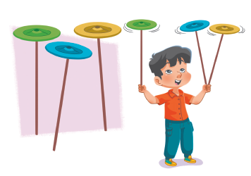 Imagem: Ilustração. Pratos sobre um bastão de madeira.  Ilustração. Um menino com cabelos lisos, usando uma camisa vermelha com botões e calça azul. Ele está segurando com as mãos bastões com pratos sobre eles.   Fim da imagem.
