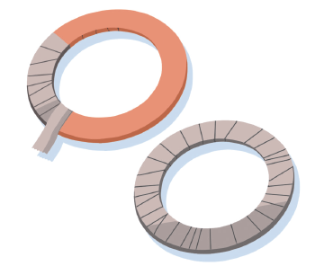 Imagem: Ilustração. Um círculo de papelão com uma fita em volta. Ao lado, o círculo totalmente revestido com a fita.  Fim da imagem.