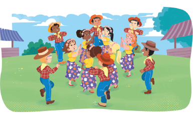 Imagem: Ilustração. No centro, um grupo de mulheres usando blusa amarela e saia roxa. Ao redor delas, um grupo de homens, usando chapéu, blusa xadrez com lenço no pescoço, calça e botas. Eles estão em pé com uma perna dobrada.  Fim da imagem.