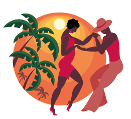 Imagem: Ilustração. Uma mulher usando um vestido vermelho e salto, ao lado, um homem com chapéu, regata vermelha e calça. Eles estão de perfil e de mão dadas. Atrás, um círculo com sol e palmeiras.  Fim da imagem.