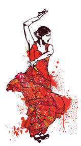Imagem: Ilustração. Uma mulher com cabelos presos, usando um vestido vermelho. Ela está em pé com o braço esquerdo para cima e o braço direito na frente do corpo, com o tronco em um torção.  Fim da imagem.