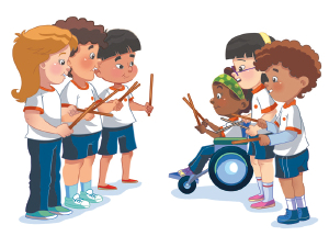 Imagem: Ilustração. Um grupo de crianças uniformizadas, dispostas em duas fileiras, segurando dois pauzinhos com as mãos.  Fim da imagem.