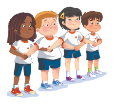 Imagem: Ilustração. Um grupo de crianças uniformizadas, uma do lado da outra de mão dadas à frente do corpo.  Fim da imagem.