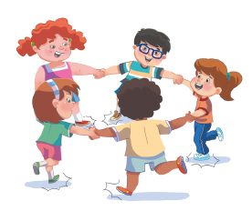 Imagem: Ilustração. Um grupo de crianças de mãos dadas fazendo umas rodas.  Fim da imagem.