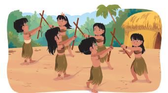 Imagem: Ilustração. Um grupo de crianças indígenas. Dispostas em duas filas, segurando bastão que se cruzam.  Fim da imagem.