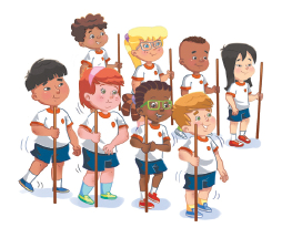 Imagem: Ilustração. Um grupo de crianças uniformizadas segurando um bastão e dispostas em duas filas.  Fim da imagem.