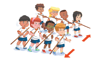 Imagem: Ilustração. Um grupo de crianças uniformizadas segurando um bastão na lateral e dispostas em duas filas. Ao lado, duas setas indicando o movimento de troca de lugar do bastão Fim da imagem.