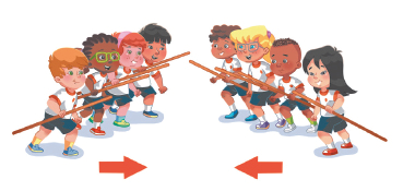 Imagem: Ilustração. Um grupo de crianças uniformizadas segurando um bastão na lateral e dispostas em duas filas que se olham. Fim da imagem.