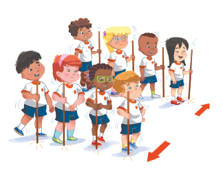 Imagem: Ilustração. Um grupo de crianças uniformizadas segurando um bastão reto e dispostas em duas filas. Ao lado, duas setas indicando o movimento de troca de lugar do bastão Fim da imagem.