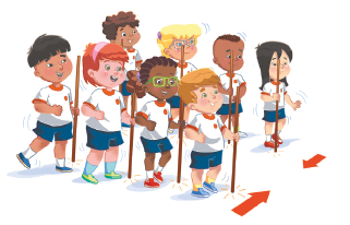 Imagem: Ilustração. Um grupo de crianças uniformizadas segurando um bastão reto do lado de dentro e dispostas em duas filas. Ao lado, duas setas indicando o movimento de troca de lugar do bastão.  Fim da imagem.