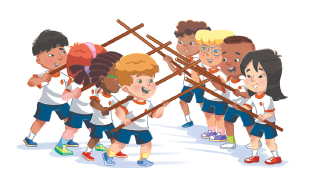 Imagem: Ilustração. Um grupo de crianças uniformizadas segurando um bastão na diagonal. Os das duas filas se tocam.  Fim da imagem.