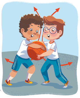 Imagem: Ilustração. Dois meninos uniformizados, um de frente para o outro segurando uma bola. Atrás deles, uma seta indicando o movimento de puxar para cima ou para baixo.  Fim da imagem.