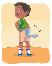 Imagem: Ilustração. Um menino com cabelos cacheados, usando uma blusa verde e um short, com um pedaço de tecido preso no short.  Fim da imagem.