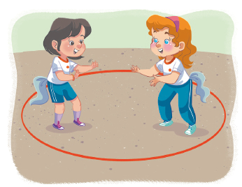 Imagem: Ilustração. Duas meninas uniformizadas, dentro de um círculo, com um pedaço de tecido preso nas costas. Elas estão uma de frente para outra com as mãos estendidas.  Fim da imagem.