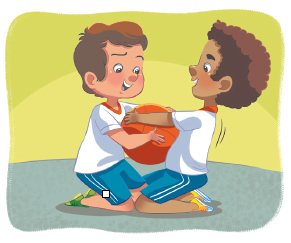 Imagem: Ilustração. Dois meninos uniformizados de joelhos no chão, um de frente para o outro, segurando uma bola.  Fim da imagem.