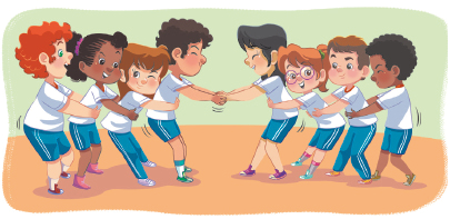 Imagem: Ilustração. Um grupo de crianças uniformizadas em duas filas. No centro, um menino e uma menina se seguram pelas mãos. Atrás, cada grupo puxa, pela cintura.  Fim da imagem.