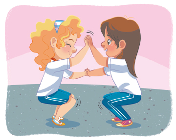 Imagem: Ilustração. Duas meninas uniformizadas, uma de frente para outra agachada com as mãos unidas. Fim da imagem.