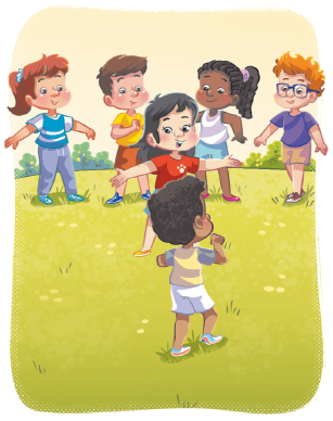 Imagem: Ilustração. Um menino, usando camiseta amarela. Ele está de costas e caminhando. Atrás, uma menina com camisa vermelha, olhando para o menino com as mãos estendidas na lateral do corpo. Atrás outras crianças em pé.  Fim da imagem.