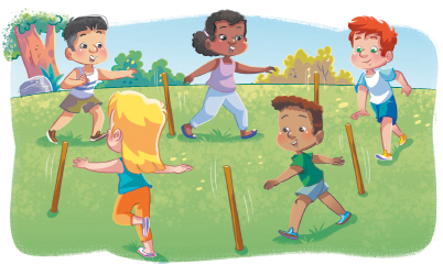 Imagem: Ilustração. Um grupo de crianças em uma roda correndo na direção de bastões em pé.  Fim da imagem.