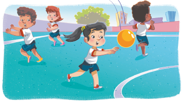 Imagem: Ilustração. Crianças uniformizadas correndo em várias direções e uma menina com o braço estendido na direção de uma bola.  Fim da imagem.