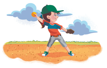 Imagem: Ilustração. Uma menina, usando camiseta vermelha, short, boné e tênis, segurando uma bola com a mão esquerda com o braço estendido para trás, e na mão direita uma luva.  Fim da imagem.