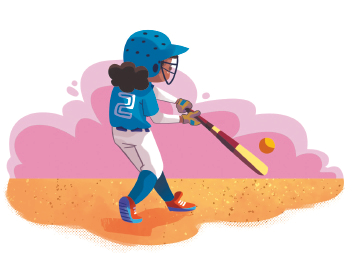 Imagem: Ilustração. Uma menina usando camiseta azul, calça, capacete e tênis. Ela está de costas, segurando um bastão de beisebol nas mãos na direção de uma bola.  Fim da imagem.