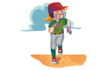 Imagem: Ilustração. Uma menina com capacete, camiseta verde, calça e tênis. Ela está correndo.  Fim da imagem.