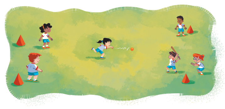 Imagem: Ilustração. À esquerda, duas crianças uniformizadas em duas bases representadas por cones. No centro, uma menina com o braço estendido na direção de uma bola. À direita, na parte superior, uma criança em uma base. Na parte inferior, uma criança segurando um bastão na direção da bola, ao lado, uma criança agachada.  Fim da imagem.