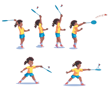 Imagem: Ilustração de uma menina de camiseta amarela e shorts azul, segurando uma raquete e batendo em uma peteca por cima e por baixo. Fim da imagem.