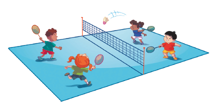 Imagem: Esquema. Uma quadra com uma rede no centro. À esquerda, duas crianças segurando uma raquete. À direita, duas crianças segurando uma raquete e uma peteca sobre a rede.  Fim da imagem.