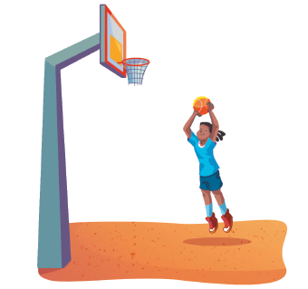 Imagem: Ilustração. À esquerda, um suporte com uma cesta. Ao lado, uma menina usando camiseta azul e short segurando uma bola de basquete com as mãos sobre a cabeça. Ela salta.  Fim da imagem.