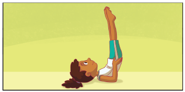 Imagem: Ilustração. Uma menina uniformizada com as costas no chão e as pernas e o quadril estendidos para cima, e as mãos sobre o quadril.  Fim da imagem.