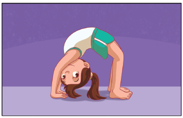 Imagem: Ilustração. Uma menina uniformizada, com as mãos e os pés no chão com o tronco fazendo um arco com a barriga voltada para cima.  Fim da imagem.
