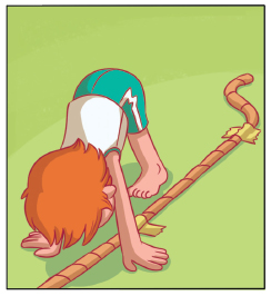 Imagem: Ilustração. Uma corda com fita no chão. Um menino uniformizado, com as mãos no chão entre a corda e os pés no chão do lado esquerdo e o quadril para cima. Fim da imagem.