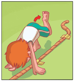 Imagem: Ilustração. Uma corda com fita no chão. Um menino uniformizado, com as mãos no chão entre a corda e o pé direito levantados, e o pé esquerdo no chão. Uma seta indica o movimento do pé direito por cima da corda.  Fim da imagem.