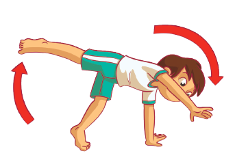 Imagem: Ilustração. Um menino uniformizado com a mão esquerda e o pé esquerdo no chão, a perna direita levantada e a mão direita próximo ao chão. Uma seta indica o movimento circular do corpo. Fim da imagem.