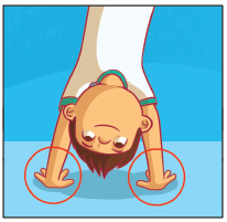 Imagem: Ilustração. Passo 2. O menino com as duas mãos apoiadas no chão, um círculo destaca a posição das mãos.  Fim da imagem.