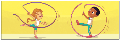 Imagem: Esquema. Duas crianças uniformizadas segurando fitas, fazendo um movimento circular no ar. Fim da imagem.