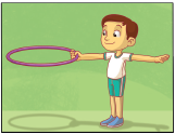 Imagem: Ilustração. Uma criança uniformizada, exemplificando o Movimento em oito: 1– Passo inicial. Ele está de pé com as pernas juntas, segurando o arco com a mão esquerda, com os braços estendidos na lateral do corpo.  Fim da imagem.