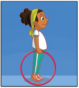 Imagem: Ilustração. Passo 2. Ela está de pé, segurando o arco com a mão esquerda com o braço estendido para baixo, e nas pontas dos pés.  Fim da imagem.